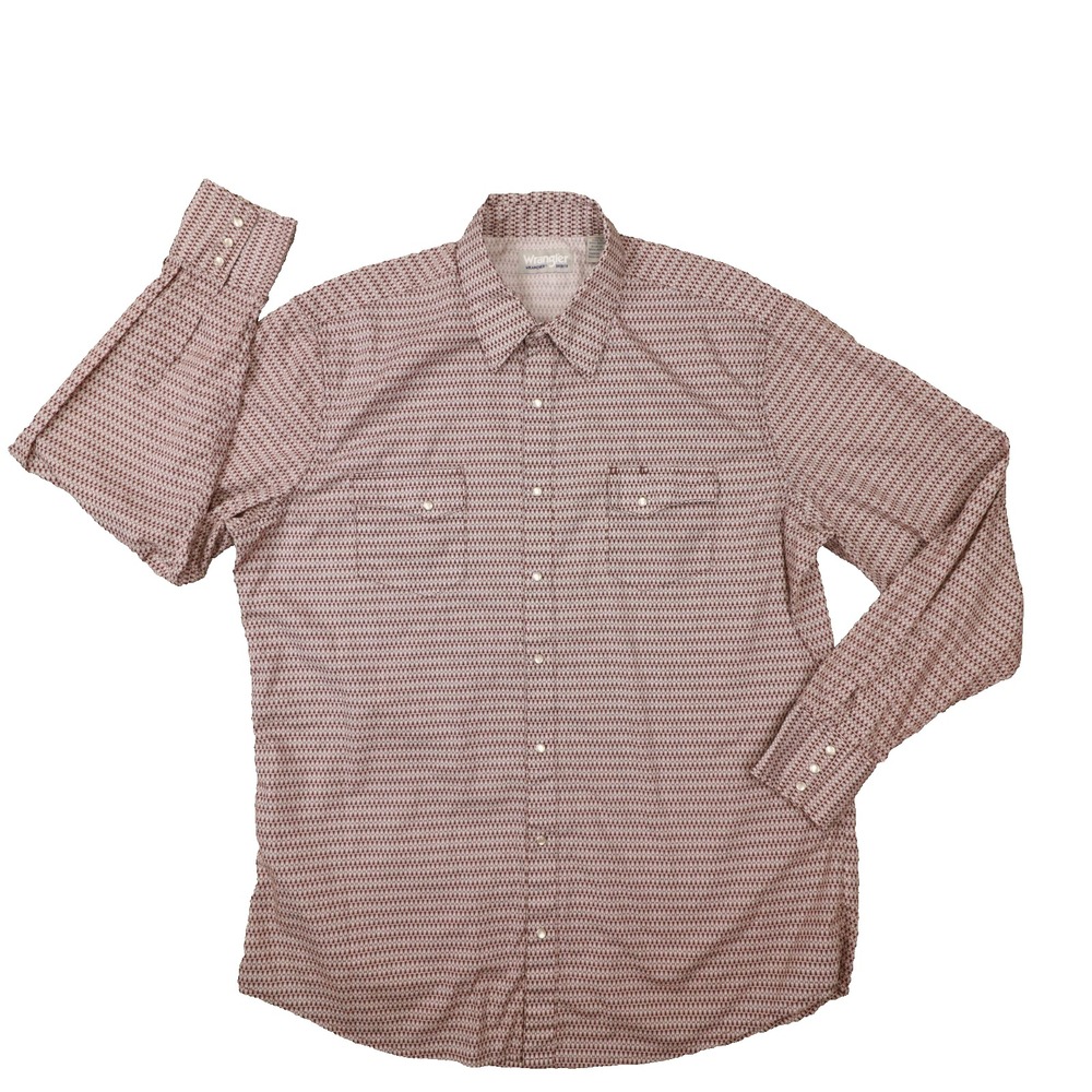 Wrangler Wrancher Vintage‎ Brown Geo Print Pearl Snap Long Sleeve Shirt size XLT